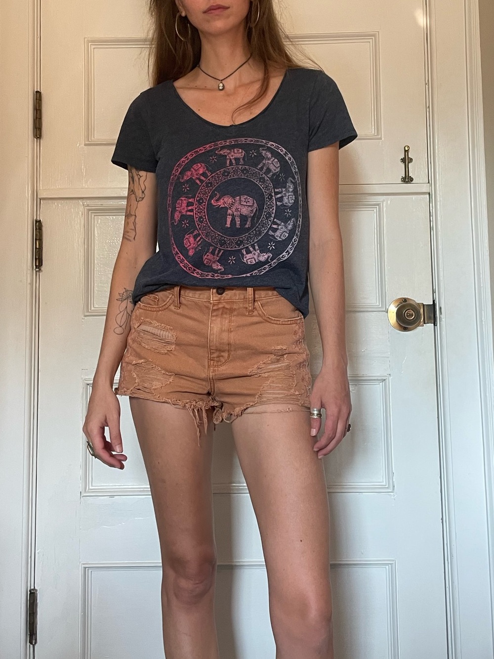 Dark Gray Scoop Neck Tee with Pink Elephant Mandala